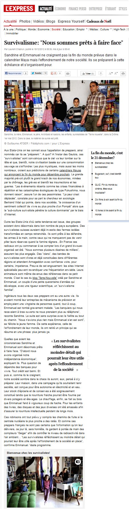 L'Express, 18 décembre 2012, survivalisme, nous sommes prêts à faire face, survivalistes : la famille Terre nouvelle