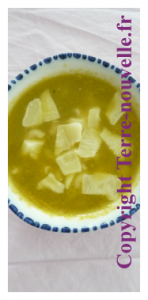 potage de légumes et coquillettes avec des copeaux de comté