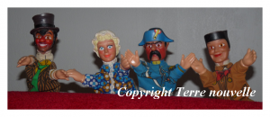 guignol-marionnette Guignol, Gnafron, la mère Cotivet et le Gendarme, marionnettes de Lyon